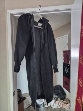 Mustard Seed Long Hooded Zip Front Coatigan in Charcoal